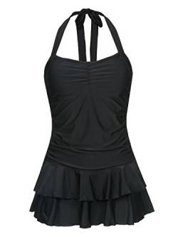 Pussy Deluxe Damen Badeanzug schwarz, toller Materialmix aus Polyester und Elasthan, Schwimmkleid mit Neckholderträgern, Größe:S von Pussy Deluxe