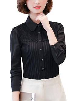 Damen Chiffon Vintage Stehkragen Button Down Hemd Langarm Spitze Bluse mit Stretch Schwarzes Kragen 36 von Putaowor