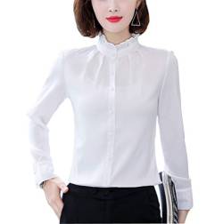 Damen Vintage Plissierter Kragen Knopfleiste Hemd Langarm Bluse Stretch Gr. 32, weiß von Putaowor