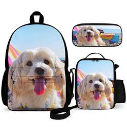 Happy Dog Puppy 3-teiliges Rucksack-Set für Kinder, Schulanfang, Büchertasche mit Lunchbox und Federmäppchen, langlebig, leicht, für Reisen, Teenager, Studenten, Jungen, Mädchen, mehrfarbig, 16inch von Puukjga
