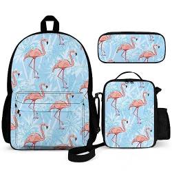 Puukjga 3-teiliges Rucksack-Set für Kinder, Schulanfang, Büchertasche mit Lunchbox und Federmäppchen, langlebig, leicht, für Reisen, Teenager, Studenten, Jungen, Mädchen, Flamingo-Blau, mehrfarbig, von Puukjga