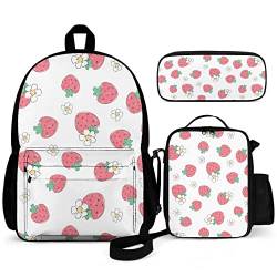 Puukjga 3-teiliges Rucksack-Set mit Erdbeeren-Motiv, für Kinder, Schulanfang, Büchertasche mit Lunchbox und Federmäppchen, langlebig, leicht, für Reisen, Teenager, Studenten, Jungen, Mädchen, von Puukjga