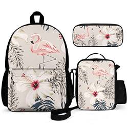 Puukjga 3-teiliges Rucksack-Set mit Flamingo-Hibiskusblumen, für Kinder, Schulanfang, Büchertasche mit Lunchbox und Federmäppchen, langlebig, leicht, für Reisen, Teenager, Studenten, Jungen, Mädchen, von Puukjga