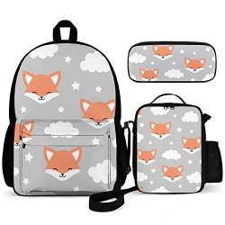 Puukjga Cute Fox 3-teiliges Rucksack-Set für Kinder, Schulanfang, Büchertasche mit Lunchbox und Federmäppchen, langlebig, leicht, für Reisen, Teenager, Studenten, Jungen, Mädchen, mehrfarbig, 16inch von Puukjga