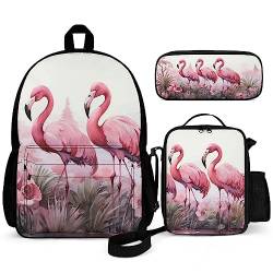 Puukjga Drei Flamingos 3-teiliges Rucksack-Set für Kinder, Schulanfang, Büchertasche mit Lunchbox und Federmäppchen, langlebig, leicht, für Reisen, Teenager, Studenten, Jungen, Mädchen, mehrfarbig, von Puukjga