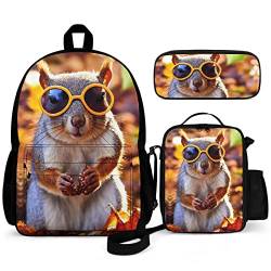 Puukjga Little Squirrel 3-teiliges Rucksack-Set für Kinder, Schulanfang, Büchertasche mit Lunchbox und Federmäppchen, langlebig, leicht, für Reisen, Teenager, Studenten, Jungen, Mädchen, mehrfarbig, von Puukjga