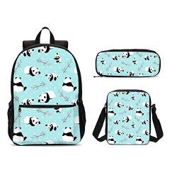Puukjga Panda Kinder-Büchertasche, Rucksack mit Schultertasche und Federmäppchen, langlebig, leicht, Reise-Laptop für Teenager, Studenten, Jungen, Mädchen, 3-teilig, mehrfarbig, 16inch von Puukjga