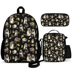 Puukjga Raccoon Banana 3-teiliges Rucksack-Set für Kinder, Schulanfang, Büchertasche mit Lunchbox und Federmäppchen, langlebig, leicht, für Reisen, Teenager, Studenten, Jungen, Mädchen, mehrfarbig, von Puukjga