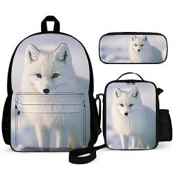 Puukjga White Arctic Fox 3-teiliges Rucksack-Set für Kinder, Schulanfang, Büchertasche mit Lunchbox und Federmäppchen, langlebig, leicht, für Reisen, Teenager, Studenten, Jungen, Mädchen, mehrfarbig, von Puukjga