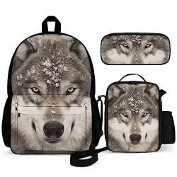 Puukjga Wolf 3-teiliges Rucksack-Set für Kinder, Schulanfang, Büchertasche mit Lunchbox und Federmäppchen, langlebig, leicht, für Reisen, Teenager, Studenten, Jungen, Mädchen, Wolf-5, Einheitsgröße, von Puukjga