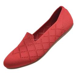 Puxowe Damen Ballerina Flache Schuhe Runde Zehe Strick Kleid Schuhe Niedriger Keil Slip On Ballerina Walking Flats Schuhe für Frauen Bequem Weich 37 EU Red von Puxowe