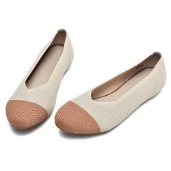 Puxowe Damen Ballerina Runde Zehe Stricken Flache Schuhe Komfort Niedriger Keil Slip On Walking Kleid Schuhe für Frauen Weich 36 EU Apricot von Puxowe