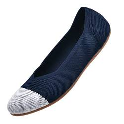 Puxowe Damen Ballerina Runde Zehe Stricken Flache Schuhe Komfort Niedriger Keil Slip On Walking Kleid Schuhe für Frauen Weich 37 EU Deep Blue von Puxowe