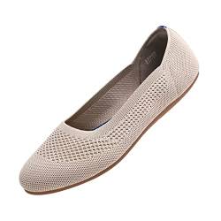 Puxowe Damen Ballerina Runde Zehe Stricken Flache Schuhe Komfort Weich Slip On Ballerina Walking Flats Schuhe für Frauen Niedriger Keil Lässig 36 EU Beige von Puxowe