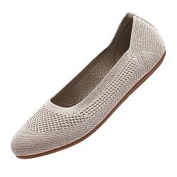 Puxowe Damen Ballerina Runde Zehe Stricken Flache Schuhe Komfort Weich Slip On Ballerina Walking Flats Schuhe für Frauen Niedriger Keil Lässig 37 EU Nude von Puxowe