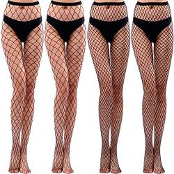 4 Paar, Sexy Oberschenkelstrümpfe für Damen, Netzstrümpfe mit verschiedenen Maschenweiten, Netzstrumpfhose Netzleggings mit Zehenverschlüsselung, Einheitsgröße, Schwarz von Pwsap