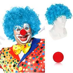 Clown Perücke Afro Clown Perücke, Lockenkopf Lockenperücke Rote Afroperücke Hair Accessoire für Karneval und Fasching Halloween Cosplay Kostüm für Frauen und Männer,mit Red Clown-Nase, Blau von Pwsap