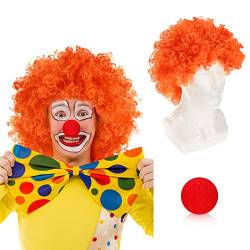 Clown Perücke Afro Clown Perücke, Lockenkopf Lockenperücke Rote Afroperücke Hair Accessoire für Karneval und Fasching Halloween Cosplay Kostüm für Frauen und Männer,mit Red Clown-Nase, Orange von Pwsap