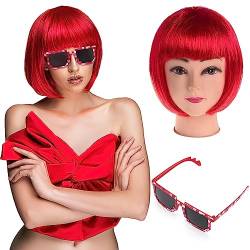 Gerade Kurze Charmante Bob Perücken, Bob Perücke Wig mit Bangs für Frau Natur Synthetische Faser Party Cosplay Karneval Fasching Kostüm Cabaret Tägliche Perücke, mit Sonnenbrille, Rot von Pwsap