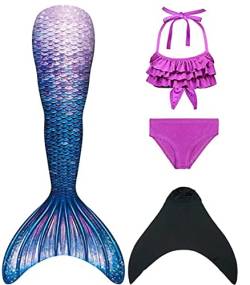 Pyjacos meerjungfrauenflosse mädchen Badeanzug - Meerjungfrau Flosse Bademode mit Bikini Set und Monoflosse Mermaid Tail, 4 Stück Set，2blackseJK24-110 von Pyjacos