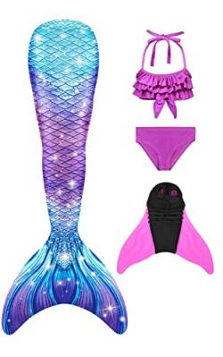 Pyjacos meerjungfrauenflosse mädchen Badeanzug - Meerjungfrau Flosse Bademode mit Bikini Set und Monoflosse Mermaid Tail, 4 Stück Set，4blueseG5-110 von Pyjacos