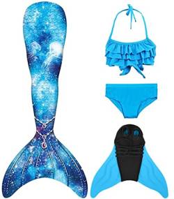 Pyjacos meerjungfrauenflosse mädchen Badeanzug - Meerjungfrau Flosse Bademode mit Bikini Set und Monoflosse Mermaid Tail, 4 Stück Set，4blueseJK-140 von Pyjacos