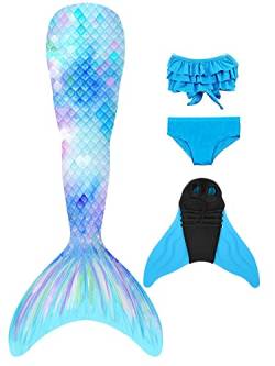 Pyjacos meerjungfrauenflosse mädchen Badeanzug - Meerjungfrau Flosse Bademode mit Bikini Set und Monoflosse Mermaid Tail, 4 Stück Set，4blueseR4-110 von Pyjacos