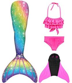 Pyjacos meerjungfrauenflosse mädchen Badeanzug - Meerjungfrau Flosse Bademode mit Bikini Set und Monoflosse Mermaid Tail, 4 Stück Set，4pinkseJK09+48-110 von Pyjacos