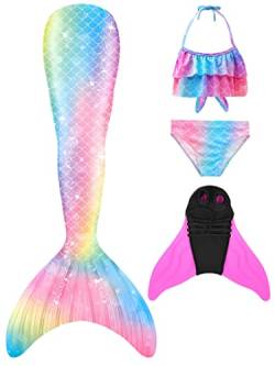 Pyjacos meerjungfrauenflosse mädchen Badeanzug - Meerjungfrau Flosse Bademode mit Bikini Set und Monoflosse Mermaid Tail, 4 Stück Set，4pinkseM1-140 von Pyjacos