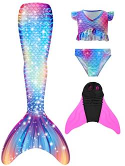 Pyjacos meerjungfrauenflosse mädchen Badeanzug - Meerjungfrau Flosse Bademode mit Bikini Set und Monoflosse Mermaid Tail, 4 Stück Set，4pinkseM2-110 von Pyjacos