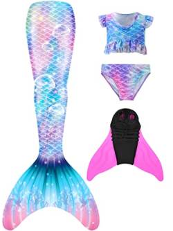 Pyjacos meerjungfrauenflosse mädchen Badeanzug - Meerjungfrau Flosse Bademode mit Bikini Set und Monoflosse Mermaid Tail, 4 Stück Set,M3pinkse,150 von Pyjacos