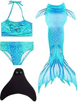 Pyjacos meerjungfrauenflosse mädchen Badeanzug - Meerjungfrau Flosse Bademode mit Bikini Set und Monoflosse Mermaid Tail, 4 Stück Set，blackseDH06-110 von Pyjacos