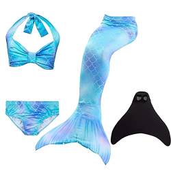 Pyjacos meerjungfrauenflosse mädchen Badeanzug - Meerjungfrau Flosse Bademode mit Bikini Set und Monoflosse Mermaid Tail, 4 Stück Set，blackseDH46-140 von Pyjacos