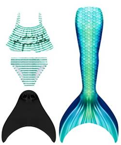 Pyjacos meerjungfrauenflosse mädchen Badeanzug - Meerjungfrau Flosse Bademode mit Bikini Set und Monoflosse Mermaid Tail, 4 Stück Set，blackseDH54-120 von Pyjacos