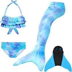 Pyjacos meerjungfrauenflosse mädchen Badeanzug - Meerjungfrau Flosse Bademode mit Bikini Set und Monoflosse Mermaid Tail, 4 Stück Set，blueseA6-130 von Pyjacos