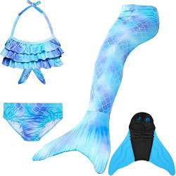 Pyjacos meerjungfrauenflosse mädchen Badeanzug - Meerjungfrau Flosse Bademode mit Bikini Set und Monoflosse Mermaid Tail, 4 Stück Set，blueseA6-150 von Pyjacos