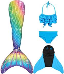 Pyjacos meerjungfrauenflosse mädchen Badeanzug - Meerjungfrau Flosse Bademode mit Bikini Set und Monoflosse Mermaid Tail, 4 Stück Set，blueseJCKA09+46-120 von Pyjacos