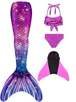 Pyjacos meerjungfrauenflosse mädchen Badeanzug - Meerjungfrau Flosse Bademode mit Bikini Set und Monoflosse Mermaid Tail, 4 Stück Set，fenR8-150 von Pyjacos