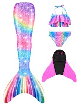 Pyjacos meerjungfrauenflosse mädchen Badeanzug - Meerjungfrau Flosse Bademode mit Bikini Set und Monoflosse Mermaid Tail, 4 Stück Set，pinkseM9-150 von Pyjacos