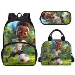 Pzuqiu 3-teiliges Rucksack-Set, 43,2 cm, Schultasche mit Lunchtasche und Stiftebox, Grundschüler, Büchertaschen für Camping, Fußball-Junge von Pzuqiu
