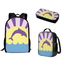 Pzuqiu 3-teiliges Rucksack-Set für Kinder, Schultasche mit Lunchtasche und Federmäppchen, Grundschüler, Tagesrucksäcke für Camping, Cartoon-Wal von Pzuqiu