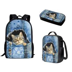 Pzuqiu 3-teiliges Rucksack-Set für Kinder, Schultasche mit Lunchtasche und Federmäppchen, Grundschüler, Tagesrucksäcke für Camping, Denim Cat von Pzuqiu