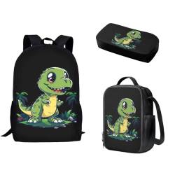 Pzuqiu 3-teiliges Rucksack-Set für Kinder, Schultasche mit Lunchtasche und Stiftebox, Grundschüler, Büchertaschen für Camping, Cartoon Dinosaurier von Pzuqiu