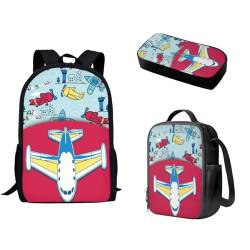 Pzuqiu 3-teiliges Rucksack-Set für Kinder, Schultasche mit Lunchtasche und Stiftebox, Grundschüler, Büchertaschen für Camping, Cartoon-Flugzeug von Pzuqiu