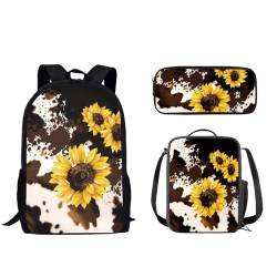 Pzuqiu 3-teiliges Rucksack-Set für Kinder, Schultasche mit Lunchtasche und Stiftebox, Grundschüler, Büchertaschen für Camping, Rindsleder, Sonnenblume von Pzuqiu
