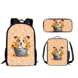 Pzuqiu 3-teiliges Rucksack-Set für Kinder, Schultasche mit Lunchtasche und Stiftebox, Grundschüler, Büchertaschen für Camping, Sonnenblumen-Welpe von Pzuqiu