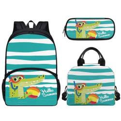 Pzuqiu 43,2 cm Schultasche mit Lunchtasche und Federmäppchen, Schüler-Rucksack, Elementar-Kinder-Büchertasche, 3-teiliges Set, Cartoon-Krokodil von Pzuqiu