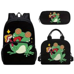 Pzuqiu Schüler-Rucksack, 3er-Set, mit Lunchbox und Federmäppchen, 43,2 cm, tragbare Schultaschen für Kinder, Rucksack-Set, Lustiger Frosch von Pzuqiu