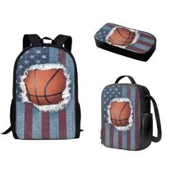 Pzuqiu Schüler-Rucksack, 3er-Set, mit Lunchbox und Federmäppchen für Camping, tragbare Schultaschen für Kinder, Rucksack-Set, Basketball mit USA-Flagge von Pzuqiu