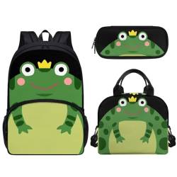 Pzuqiu Schüler-Rucksack für Kinder mit Lunchbox und Federmäppchen, 3-teiliges Set, 43,2 cm, Schultaschen für Jungen/Mädchen, Cartoon Frosch von Pzuqiu